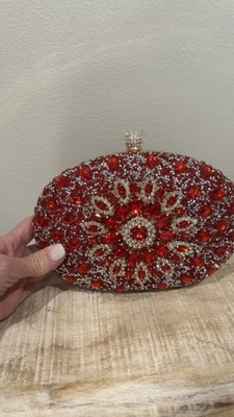 Ramla- Red Oval Clutch Purse Glitter Rhinestone Crystal Beaded Clasp w/ Strap